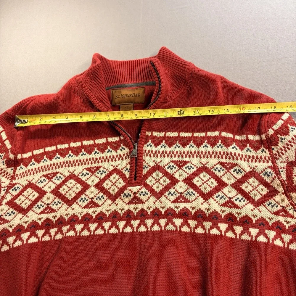 St Johns Bay Mens Large Red Fair Isle Nordic Quarter Zip Cotton Sweater